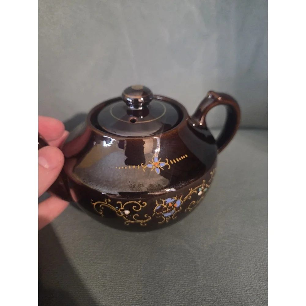 Vtg Brown Betty Redware Teapot Moriage Enamel Hand Painted Japan Set Of 4